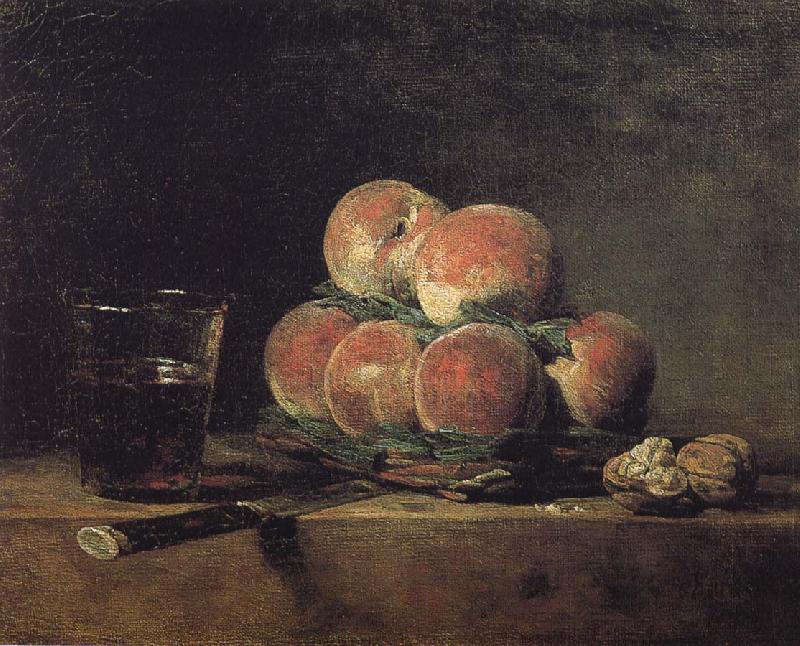 Jean Baptiste Simeon Chardin Baskets of peaches with wine walnut knife oil painting image